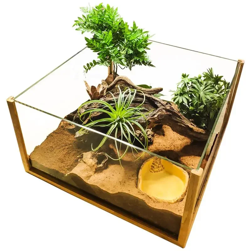 Landscaping turtle tank Oak high transparent glass four-sided landscape sunken wood feeding tank