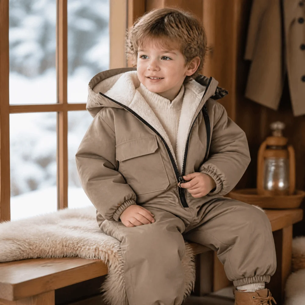 Thick Fleece Lined Snow Suit Windproof Warm All-In-One Snow Suit Waterproof Active Movement Design Baby Romper Snow Playing