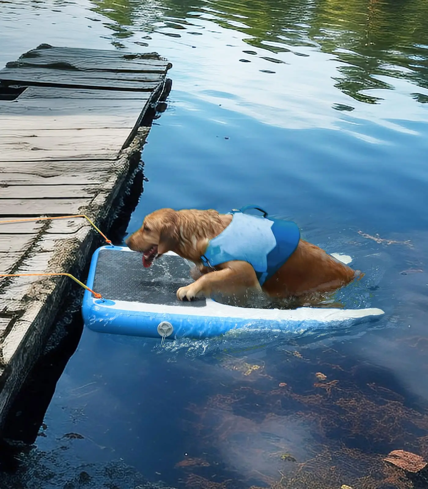 Rampa de flotación inflable azul para perros, rampa de agua para perros Pup de hasta 220 libras, escalera con plataforma de muelle antideslizante para Lago, 60 ''/47''