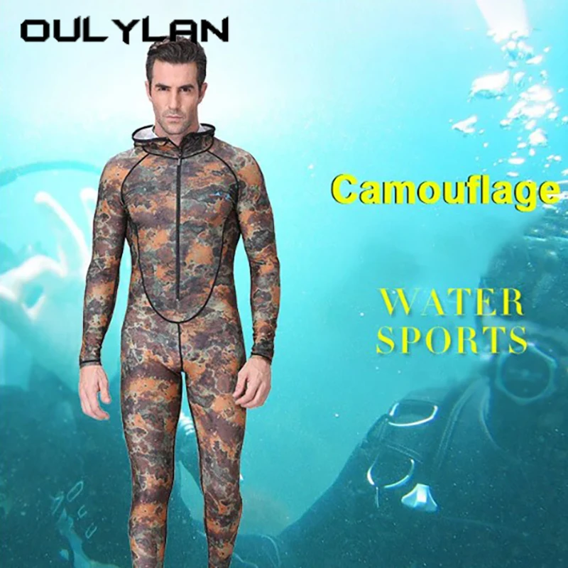 Oulylan Männer einteiliges Camouflage Neoprenanzug Sonnencreme Mit Kapuze Taucheranzug Surf Quallen Badeanzug Speerfischen Scuba Tauchen Kleidung