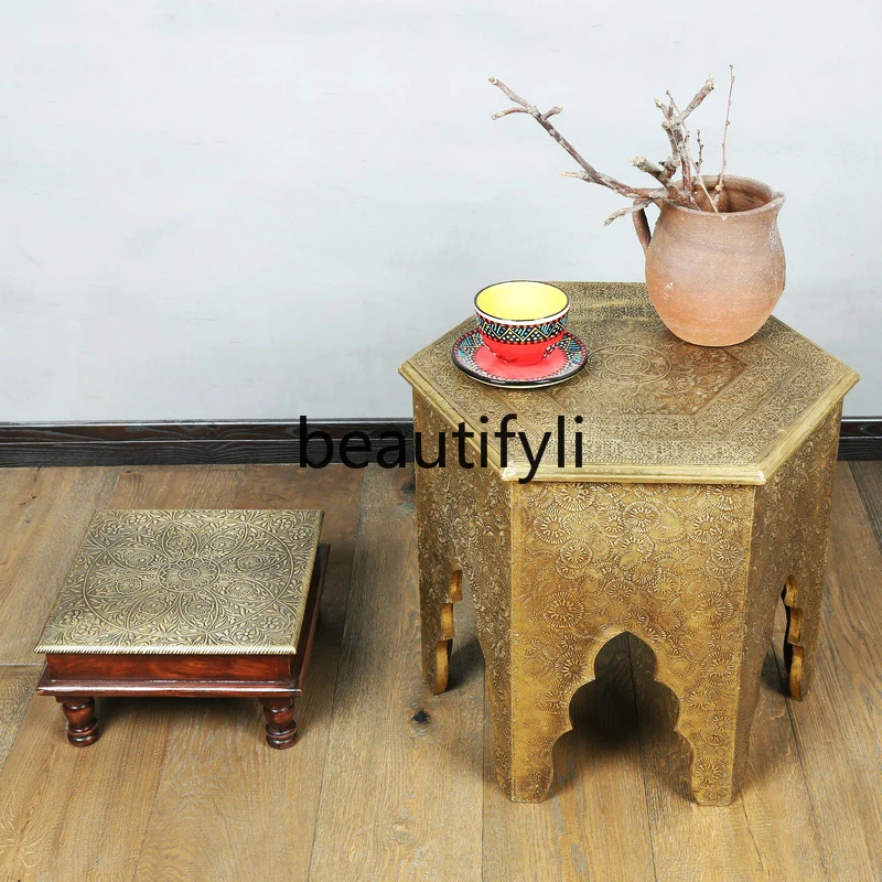 

Vintage Indian furniture South East Asia classical copper-clad luxury square table gold low table edge few solid wood tea table