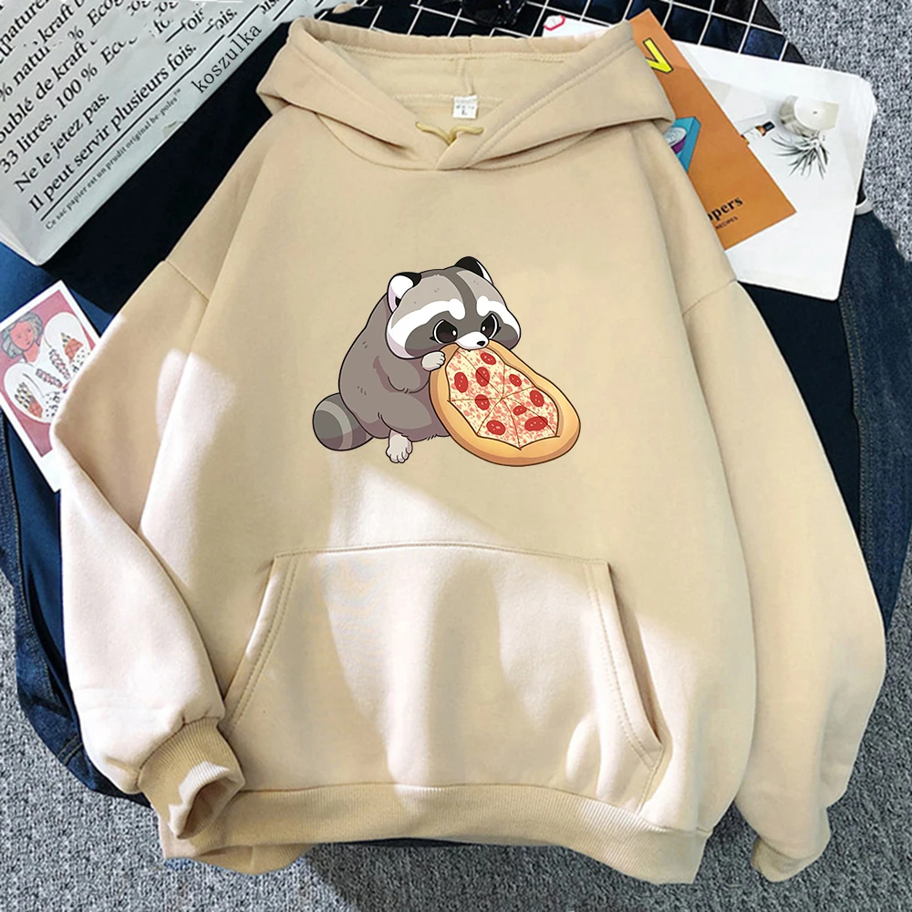 Cartoon Pizza Raccoon Hoodie Women Cute Print Hoodies Harajuku Sweatshirts Autumn Winter Plus Size Fleece Hooded Pullover