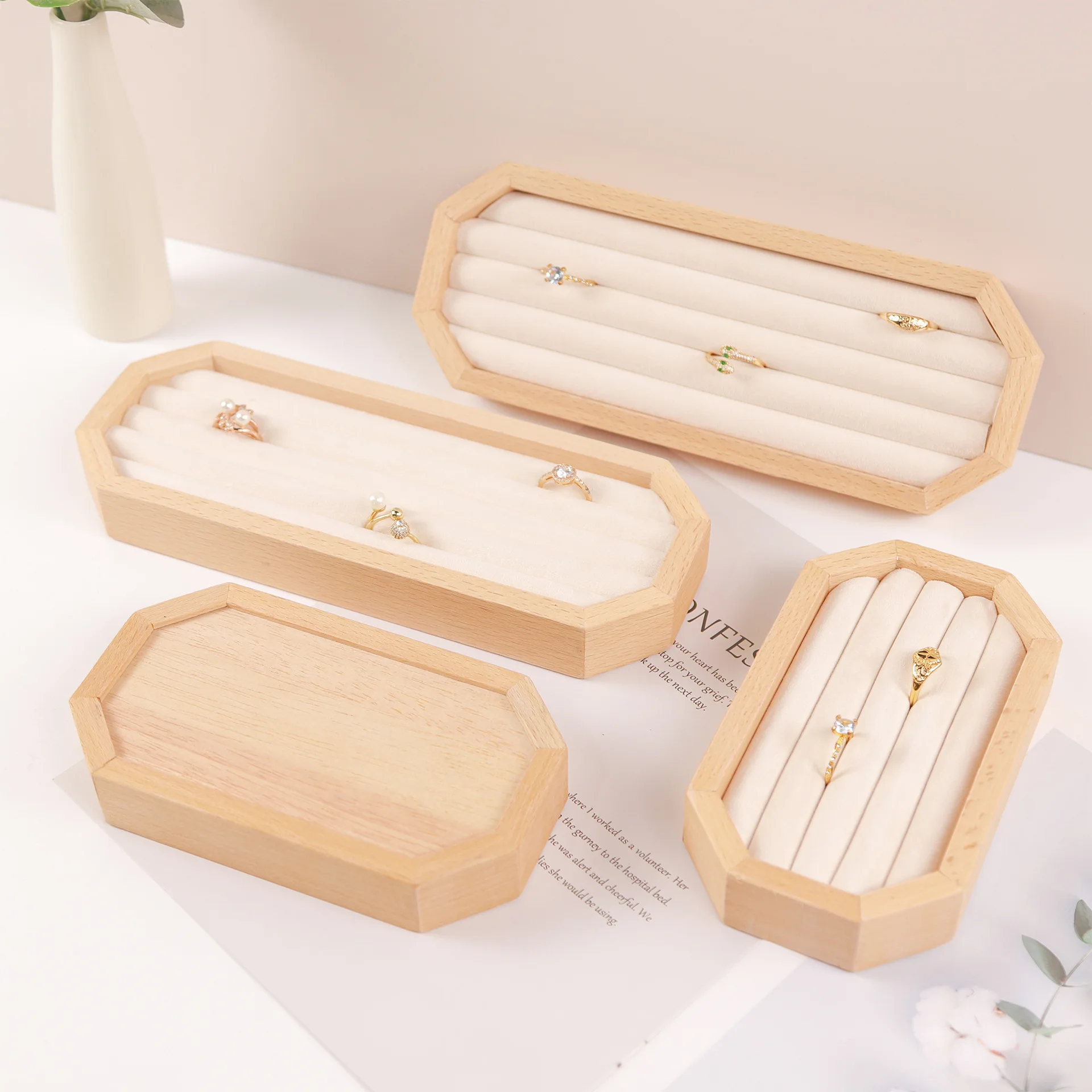 1pc Elegant Wood Ring Display Tray Diamond Ring Earrings Storage Trays Jewelry Organizer Counter Showcase Prop For Women Gift