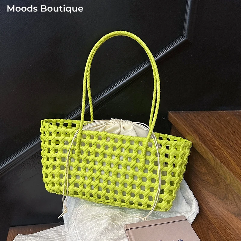 

Woven Style Underarm Shoulder Basket Bag Set For Women 2-IN-1 PVC Hollow-out Pure Color Summer Beach Tote Bags 2025 New Handbags