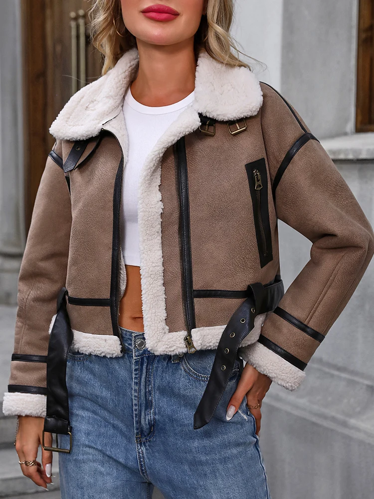 Ailegogo Streetwear Women Loose Thick Warm Faux Lamb Fur Coat Autumn Winter Female Retro Zipper Belt Jacket Outwear