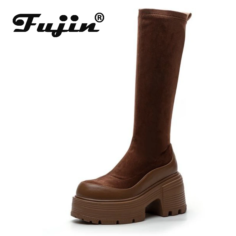 Fujin 8.5cm 2024 Stretch Fabric Synthetic Women Autumn Platform Wedge Round Toe Knee High Boots High Brand Spring Shoes Slip On