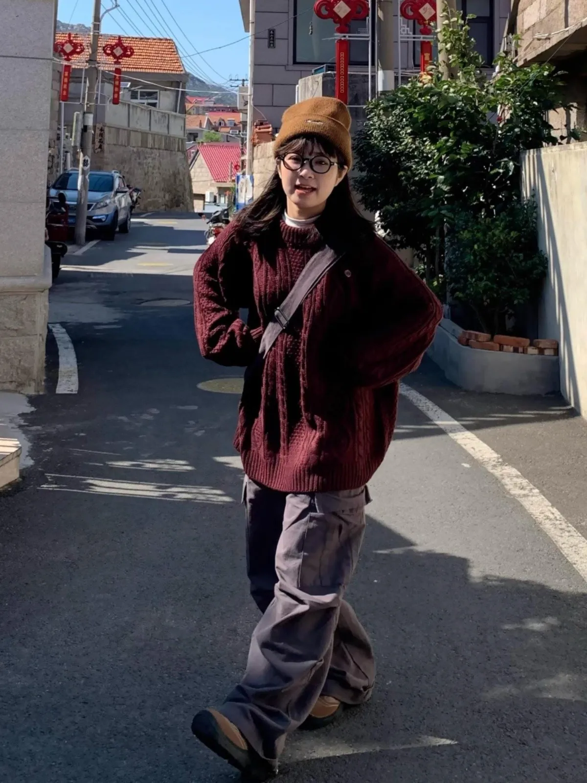 Cappotto maglione lavorato a maglia intrecciato rosso vino giapponese retrò Cappotto sciolto pigro Sle caldo sopra la testa per uomo e donna Autunno Inverno