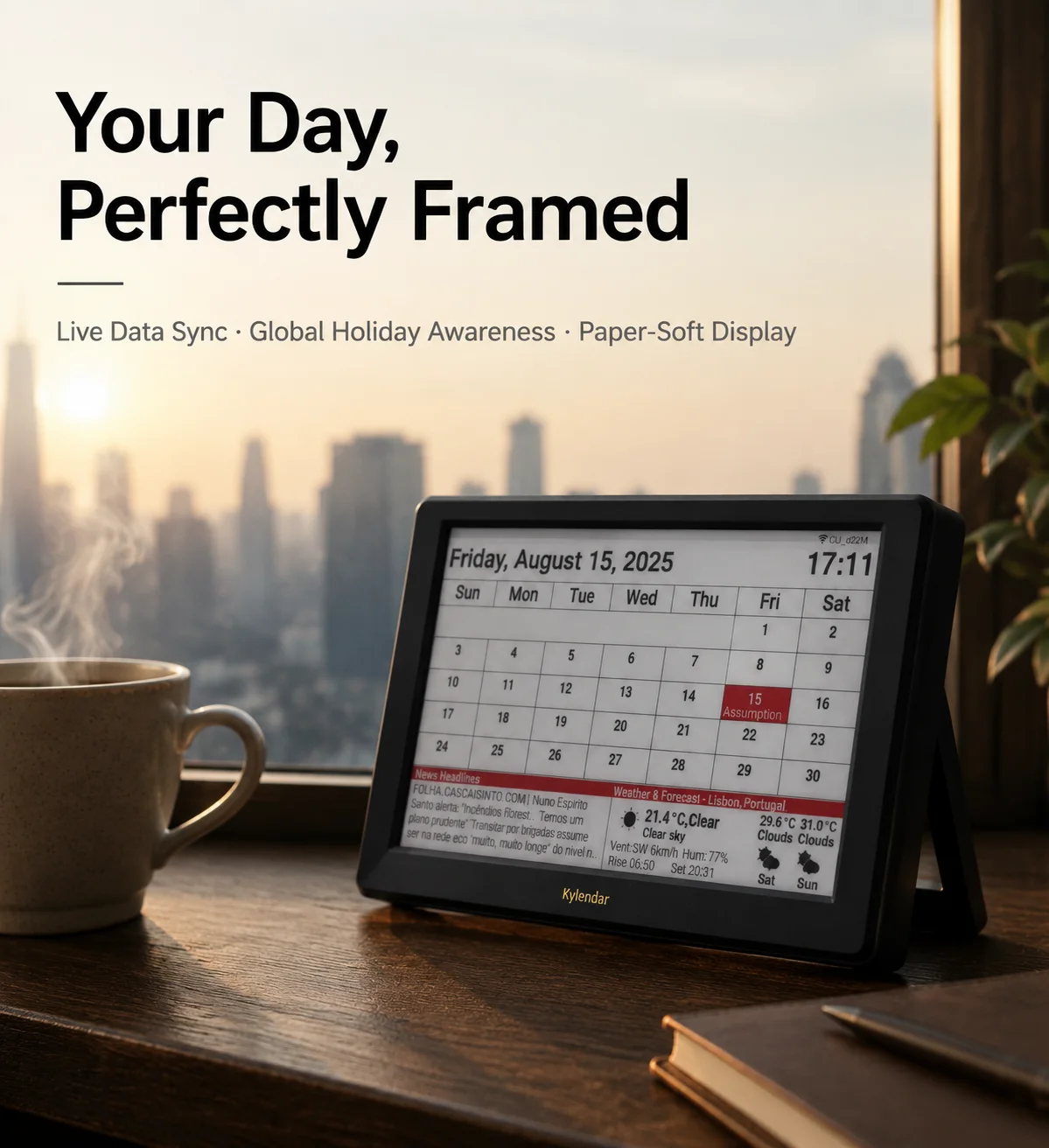 Smart Desktop Display 4 City World Clock, real-time weather news, automatic updates, office tools