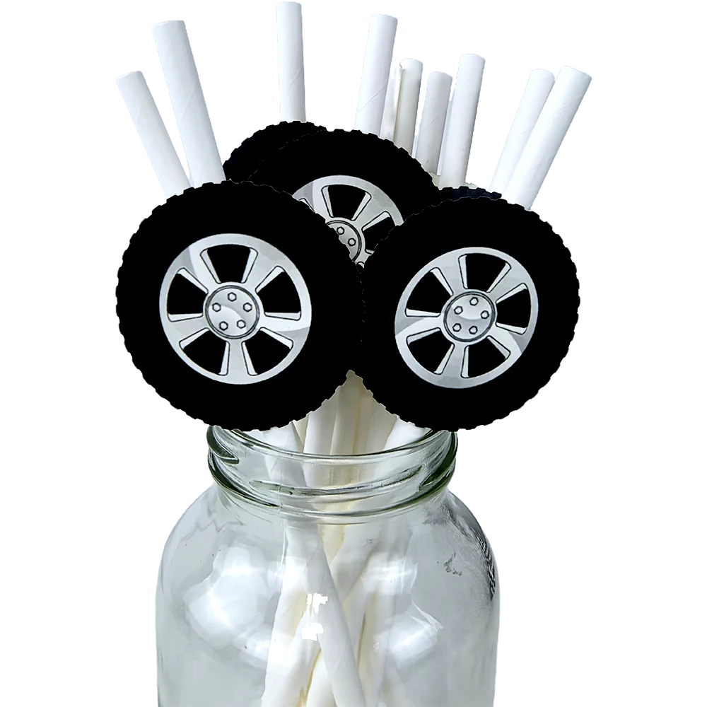 20/40/80pcs Wheel Tire Paper Straw Racing Wheel Drinking Straws Tyre Disposable Straw Baby Shower Racing Birthday Party Decors