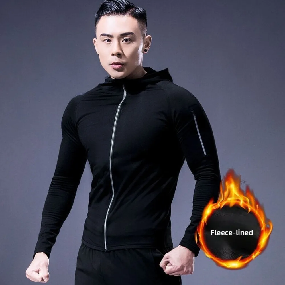 Men Fleece Lined Compression Hooded Jacket Full Zip Tight Sports Hoodie Fitness Running Outdoor Long Sleeve Sportswear