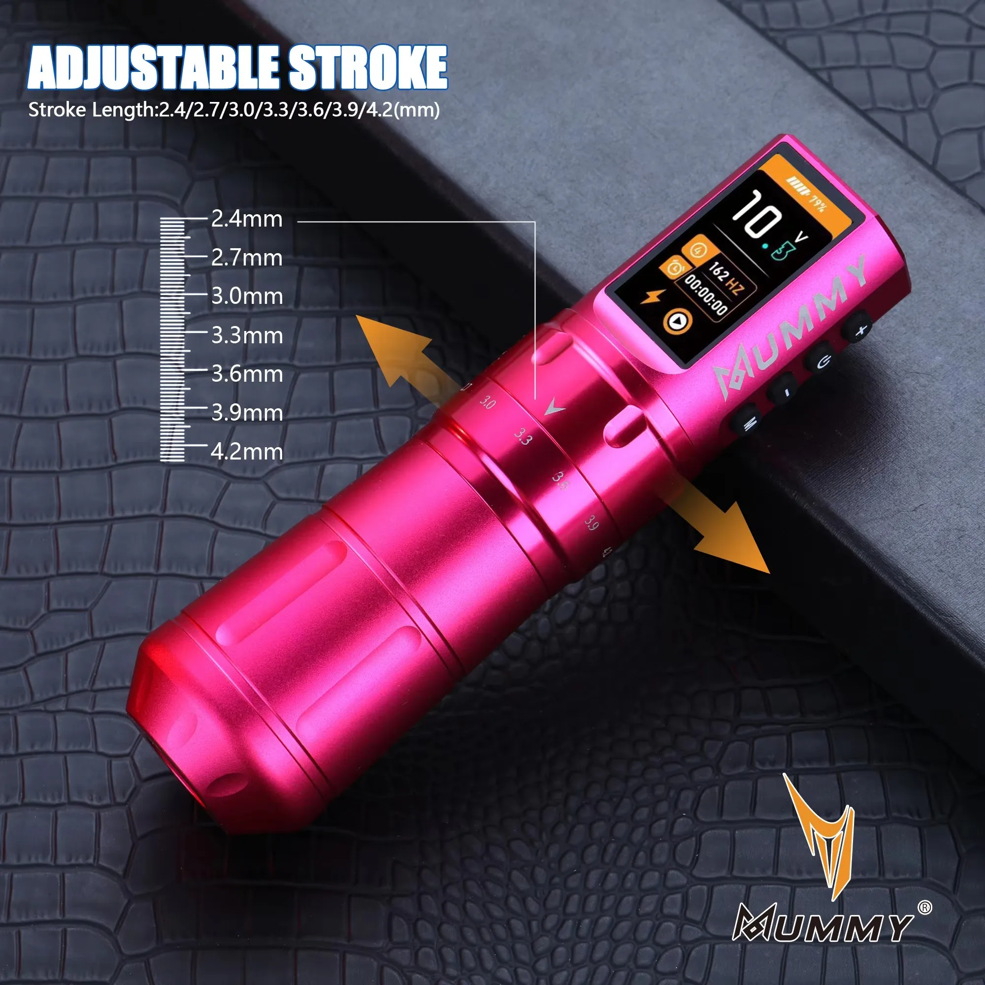 Mummy Scepter Wireless Tattoo Machine Color Screen Display Tattoo Pen Replaceable Battery Body Art 2.4-4.2mm 7 Stroke (Pink)