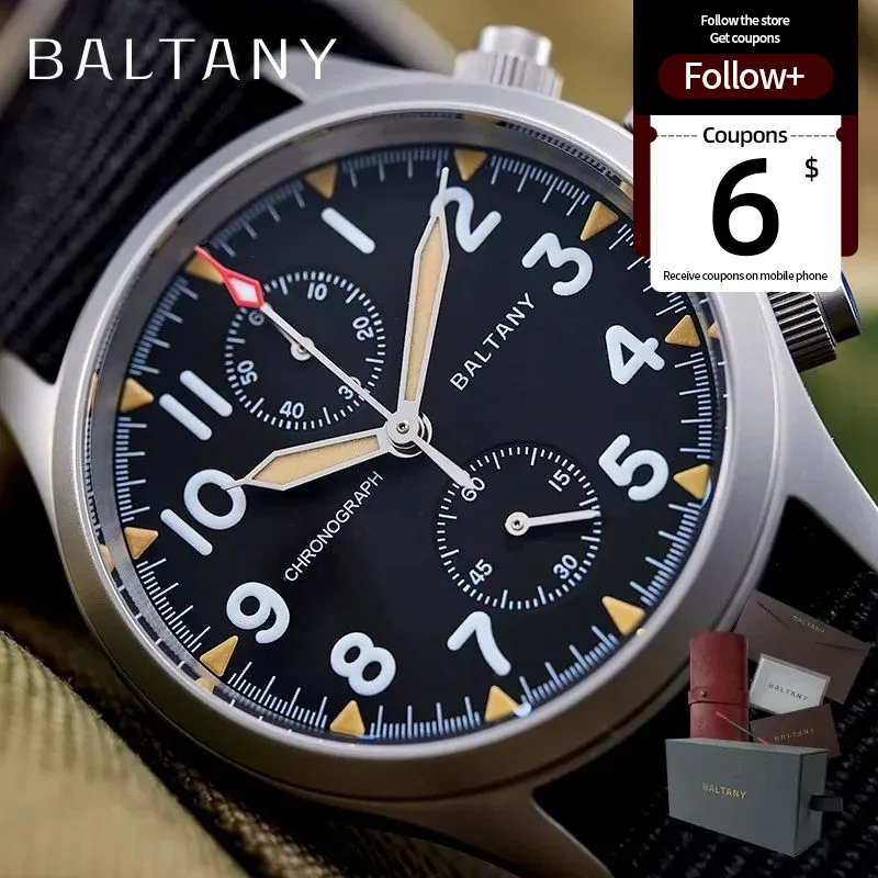 Baltany Quartz Military Chronograph S5033  Stainless Steel 39mm Case Fabric Strap 100M Waterproof VK61 Multifunction Watches