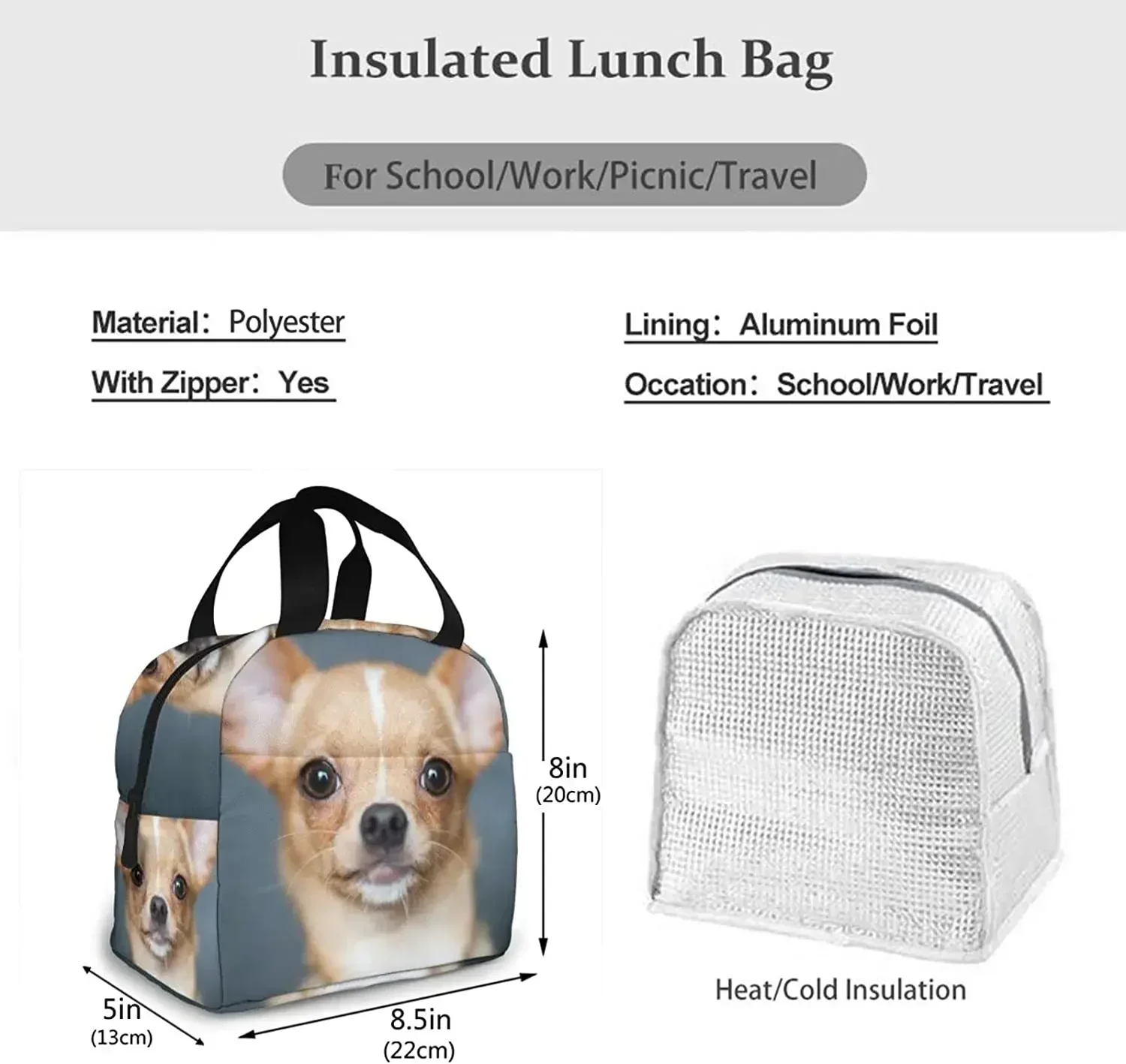 Reusable Insulated Lunch Bag Cute Chihuahua Portable Insulated Lunch Bax Cooler Tote Box For Women Men Adults College Work