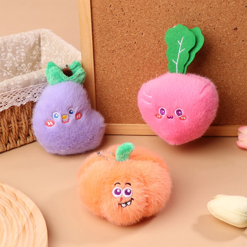 Cartoon Kiwi Fruit Plush Toy Keychain Radish Eggplant Pumpkin Vegetable Soft Stuffed Doll Pendant Car Key Ring Bag Decor