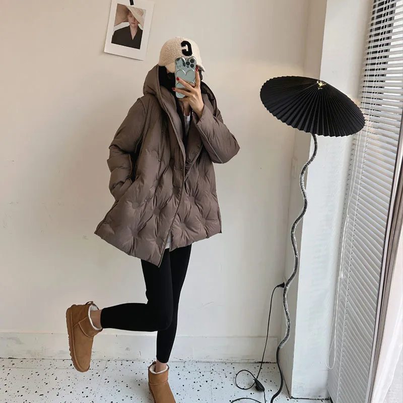 Women White Duck Down Jacket with Hood Warm Autumn Winter Argyle Outwear Solid Color Luxurious A-lined Coat 2024 New