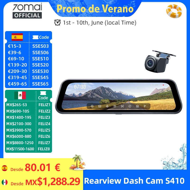 70mai Rearview Dash Cam S410 9.35" Mirror Display Front 2K Rear 1080P F1.55 Aperture Supercapacitor 24/7 Protection 70mai S410