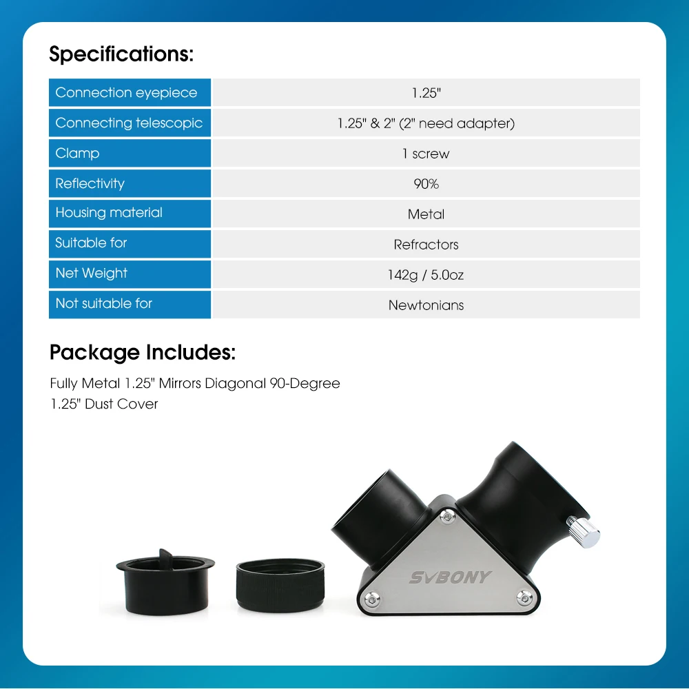 Svbony SV188/SV188P 1,25/2 Zoll Spiegel 90° ° Diagonale dielektrische Beschichtung CNC-Bearbeitung 90%/99% Reflektivität für Astronomie-Teleskope – Detail 9