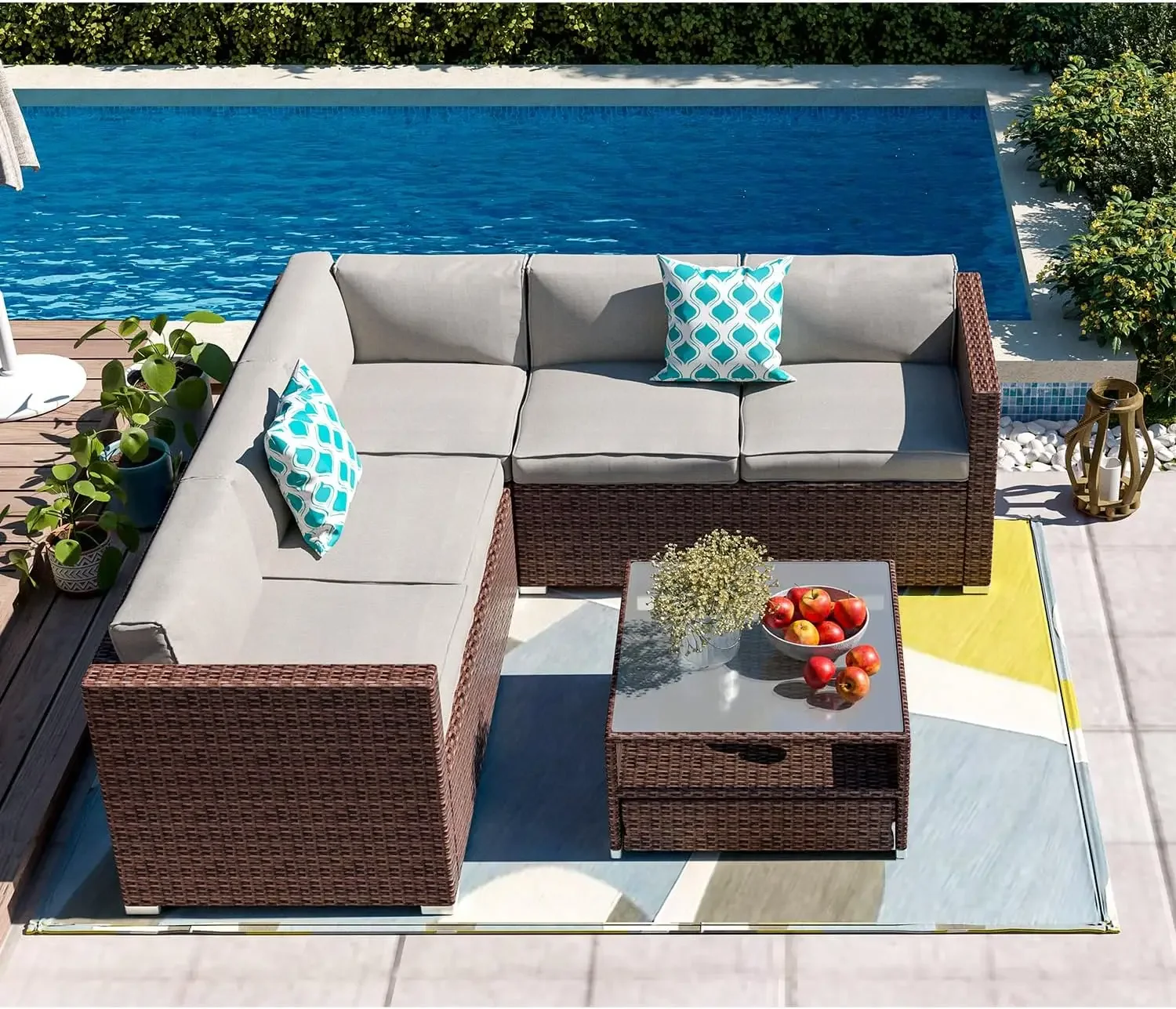 6-Piece Outdoor Patio Furniture Set, Wicker Furniture Conversation Set /Gray Cushions,Outside Garden Deck Backyard