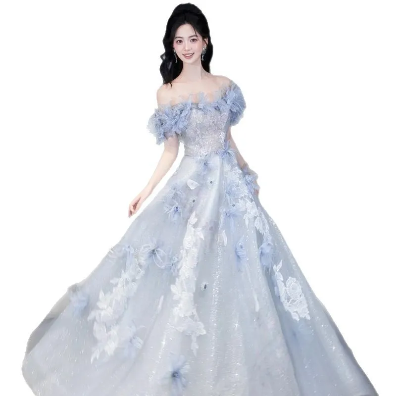 

Новинка 2025 года, синее платье на одно плечо с цветочным принтом, женское высококачественное легкое роскошное платье для свадьбы, дня рождения