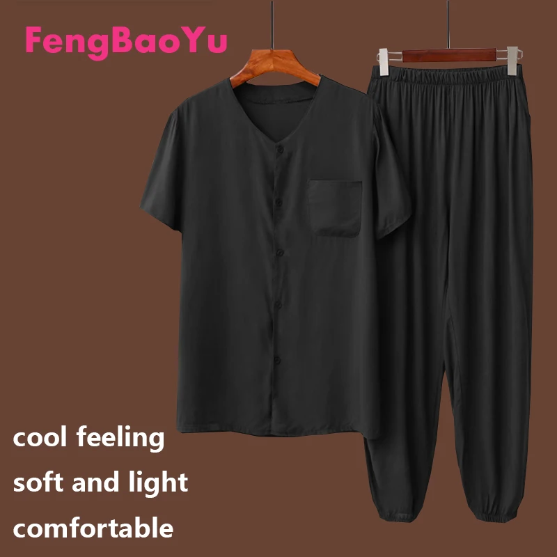 

Summer Cotton Silk Men's Suit Navy Blue Short Sleeve V-neck Shirt Pants 2 Pieces of Loose Size 6XL Fat Pajamas Cool Home Wear
