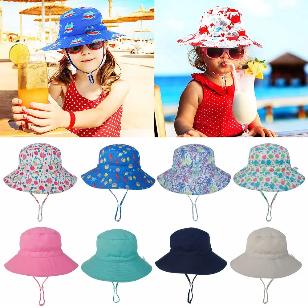 Gorro de playa de ala ancha para niños y niñas, gorro de playa con correa ajustable para la barbilla, sombrero de cubo para bebé