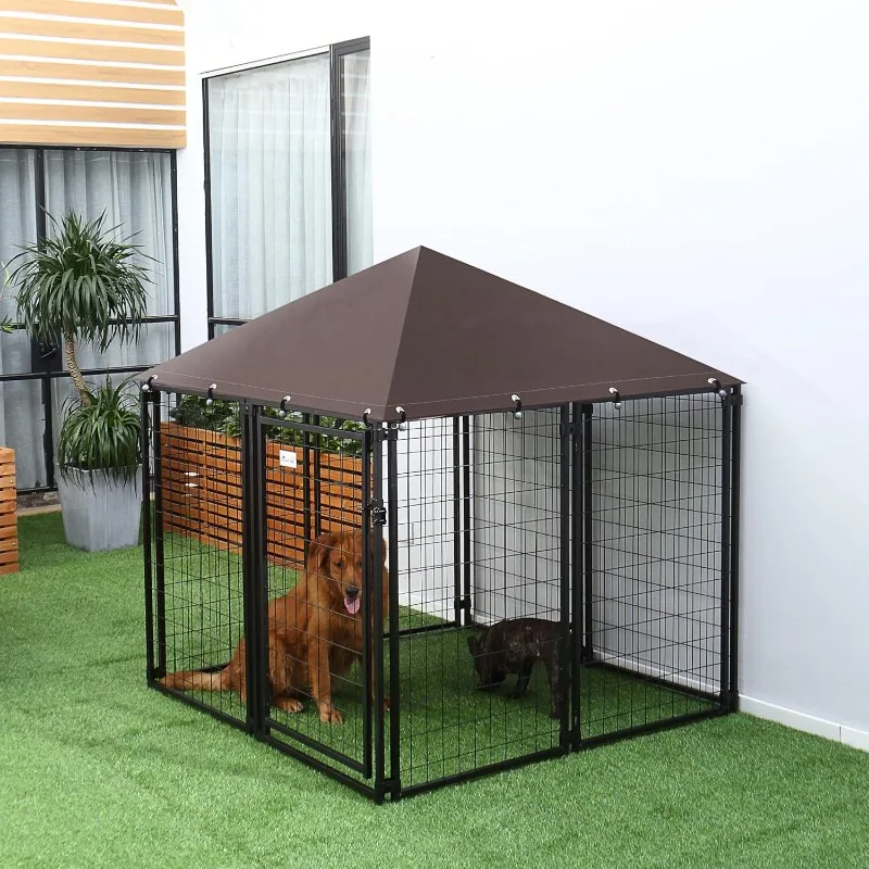 5' x 5' x 5' Dog Kennel Outdoor, Walk-in Pet Playpen, Welded Wire Steel Dog Fence with Water-and UV-Resistant Canopy