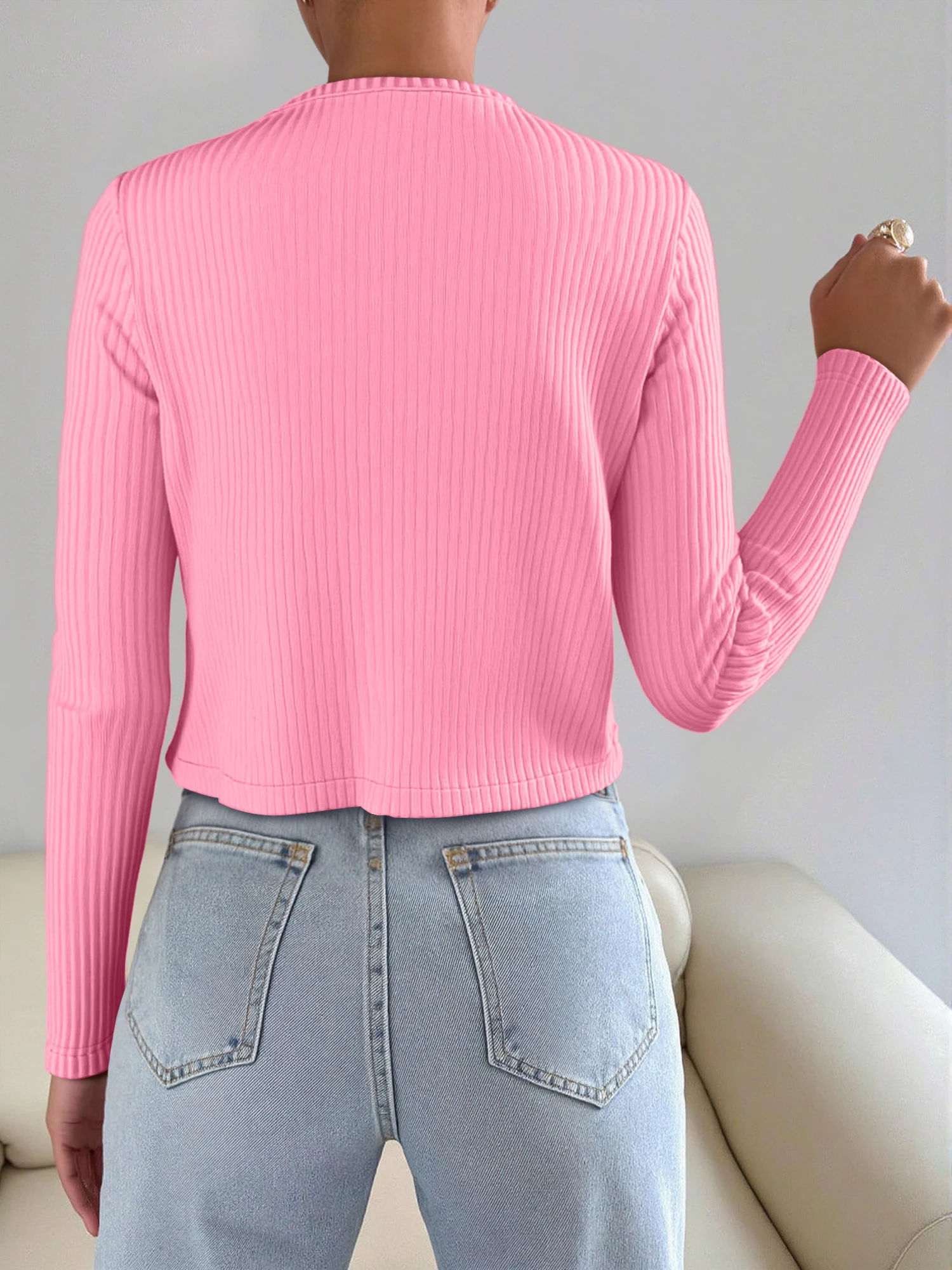 Women Fashion Layering Ribbed Jacket Solid Color Long Sleeve Open Front Outer Clothes