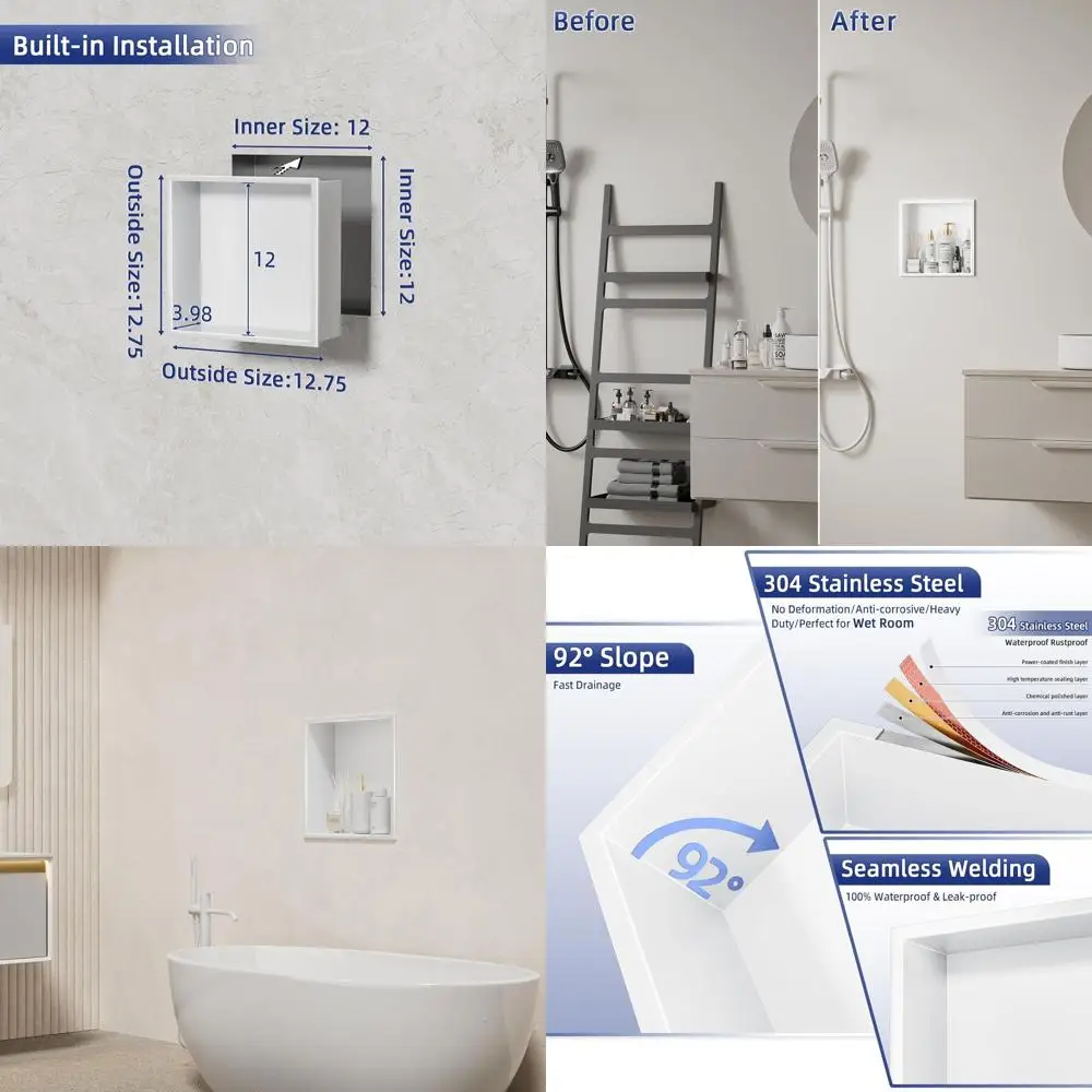 

12x12 White Stainless Steel Shower Niche, Recessed Shelf for Bathroom and Shower Wall, Waterproof, Easy Over Mount Installation