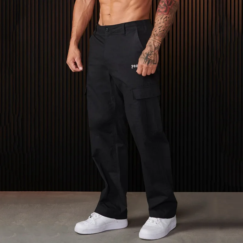 2024 new youngla big pocket overalls trousers men's autumn stitching solid color leisure sports loose straight pants