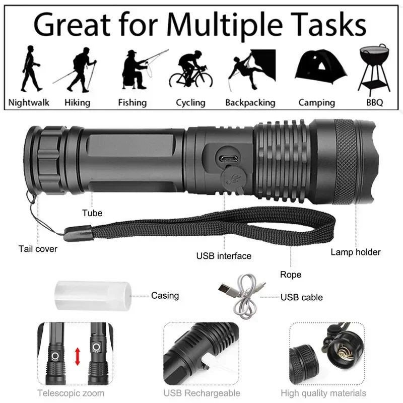 High Power XHP50  Rechargeable Led Flashlight 4 Core Torch Zoom Usb Hand Lantern for Camping, Outdoor & Emergency Use