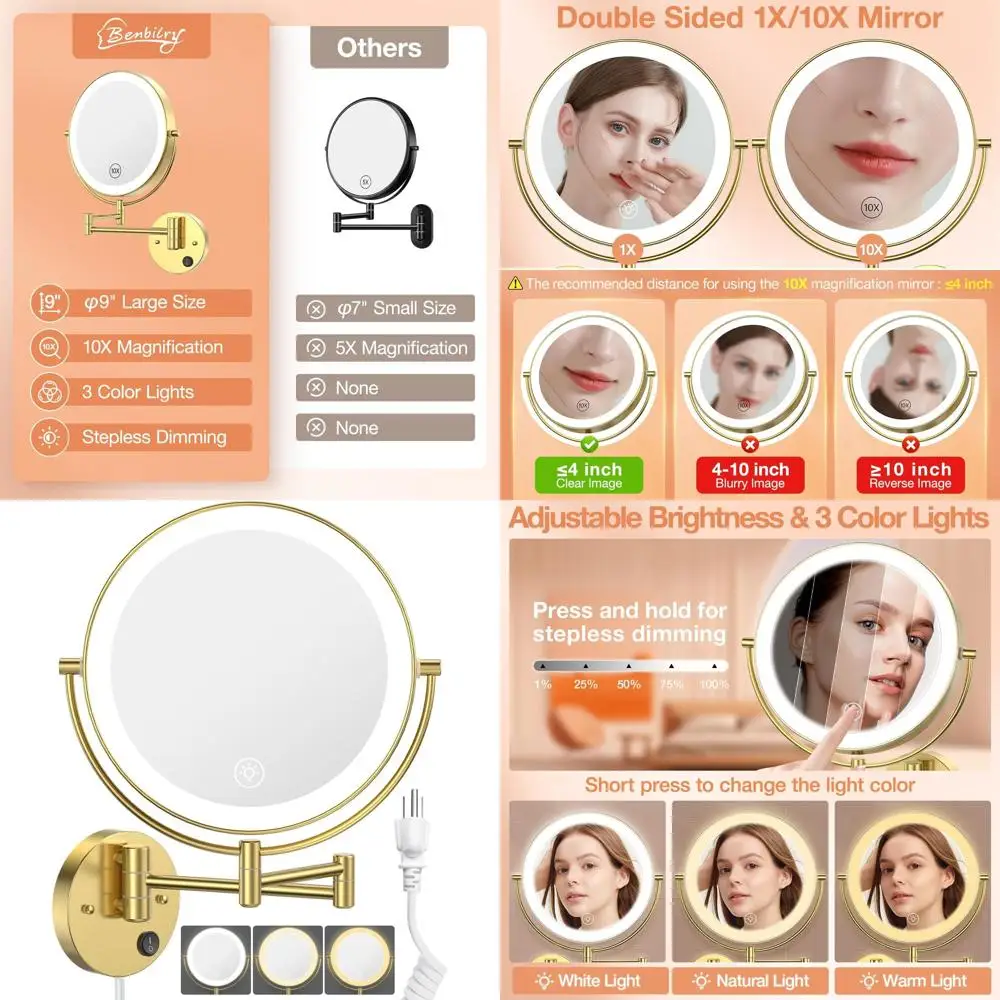 

9 Wall-Mounted LED Lighted Makeup Mirror, 1X/10X Magnifying 2-Sided, Touch-Dimmable, 360° Rotating, Gold