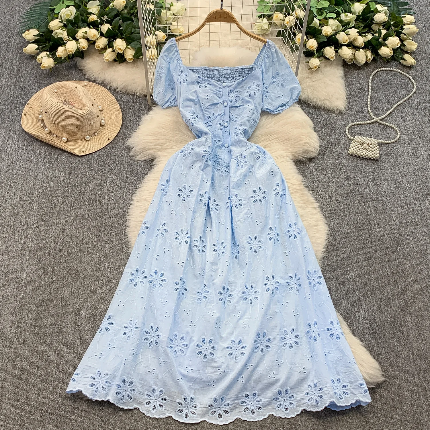 Chic vintage เซ็กซี่ Hollow out ปัก Fairy ฤดูร้อนผู้หญิง Boho Sundress เสื้อผ้าผู้หญิงชุดยาว