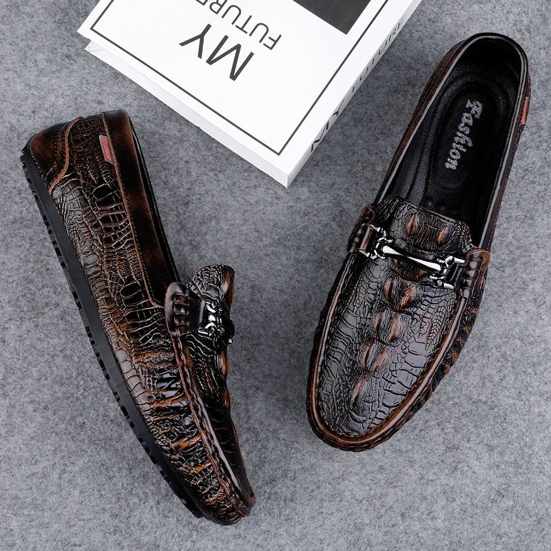 

Мужские лоферы с крокодиловым узором, повседневная обувь из натуральной кожи, мужские туфли без шнуровки, легкие мужские модные новые мокасины на плоской подошве для вождения