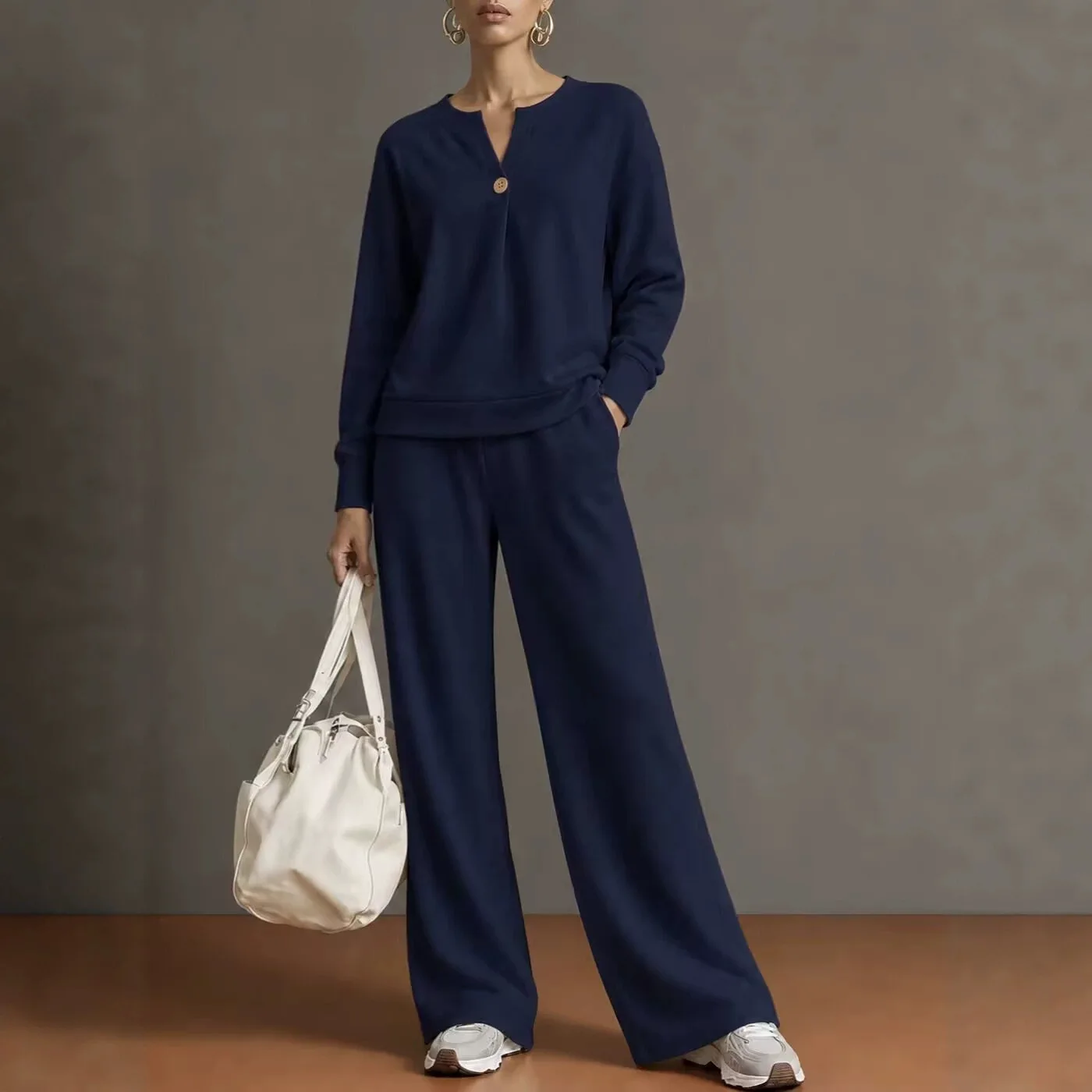 Women's 2 Piece Lounge Set Split V-Neck Single Button Long Sleeve Top and Wide Leg Pants Casual Matching Outfit