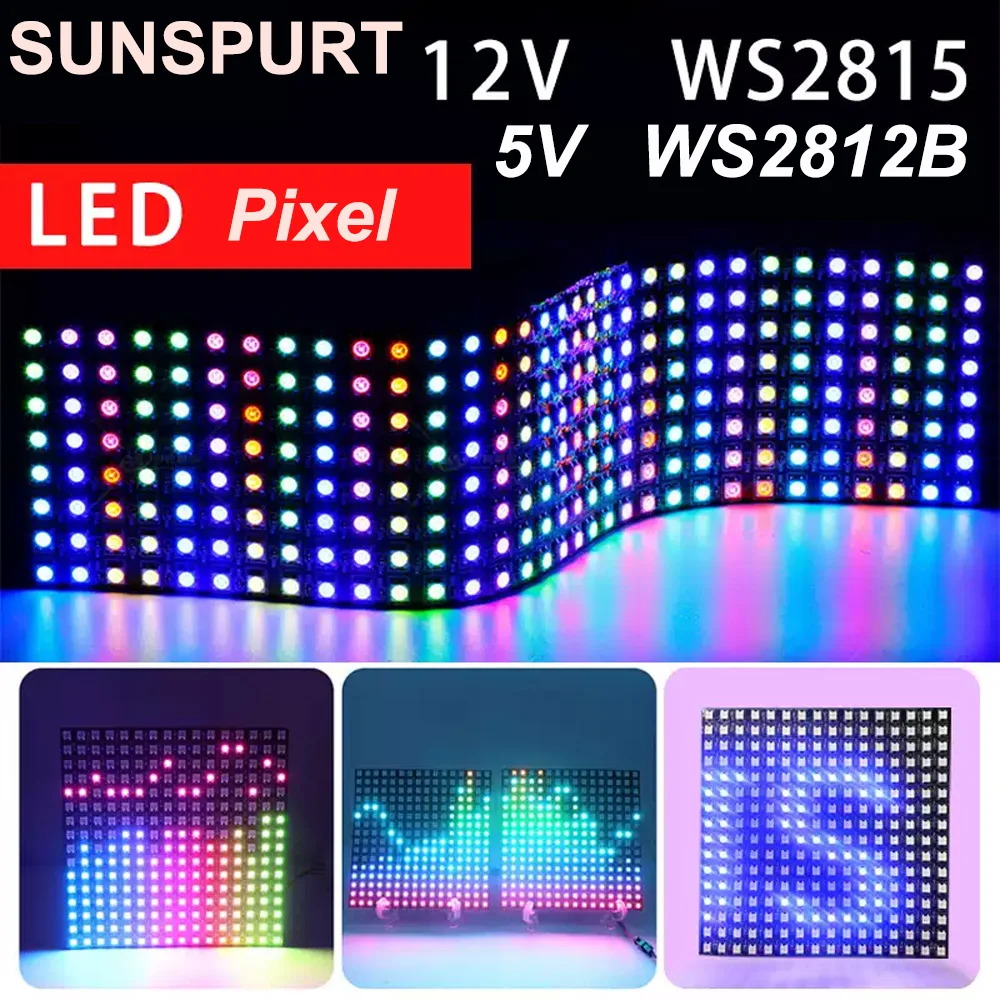 1-10pcs WS2812B RGB Flexible 12V 2815 8x8 16x16 8x32 Pixel LED Panel Array Screen Module WS2815 Individually Addressable IC DC5V