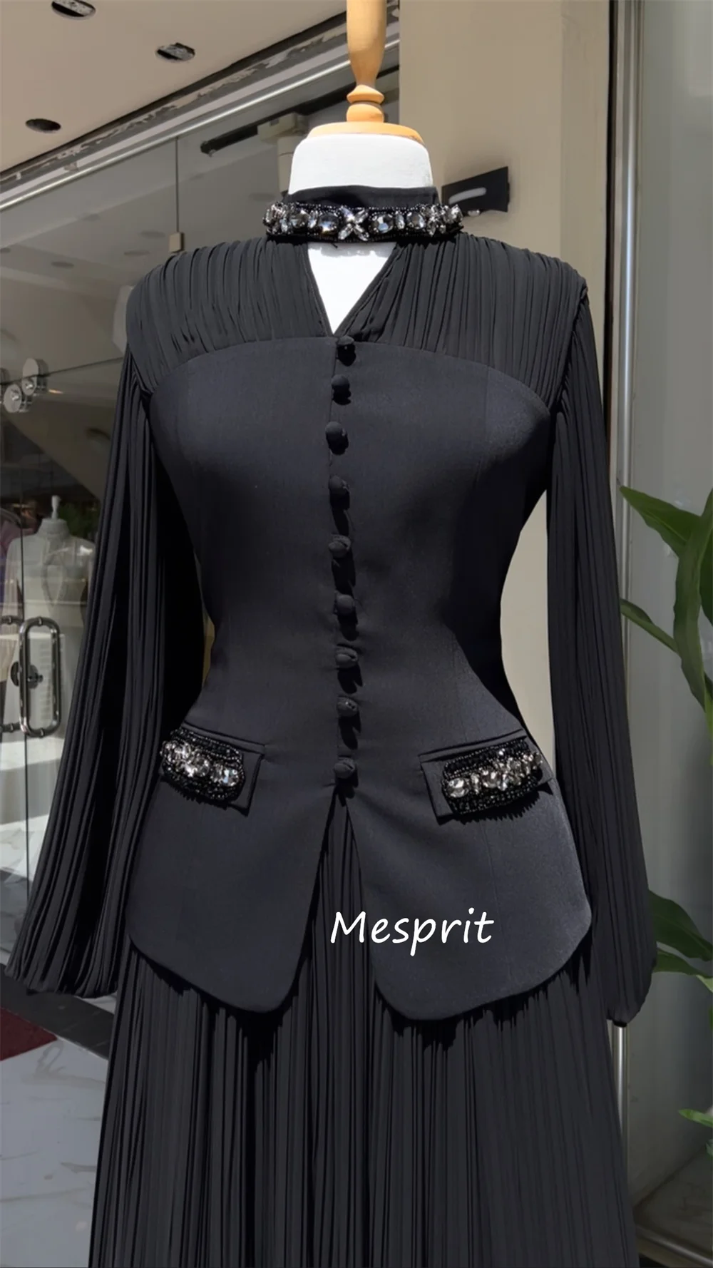 Customized Exquisite Jersey Pleat Sequined Button A-line V-neck Long Dresses Bespoke Occasion Sizes Available - Image 2