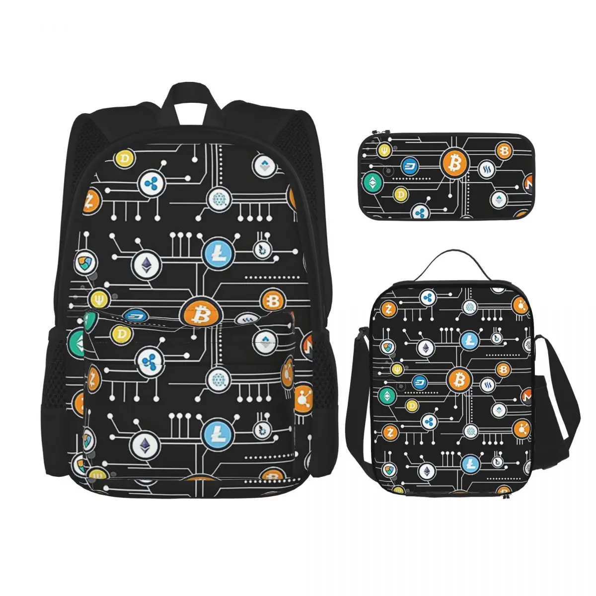

Cryptocurrency Bitcoin Cryptocurrency Altcoin Blockchain Backpacks Bookbag School Bag Rucksack Lunch Bag Pen Bag Three-Piece Set