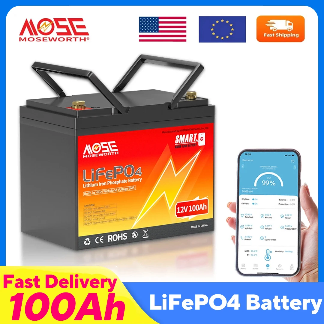 MOSEWORTH 12V 100Ah Bluetooth LiFePO4 Lithium Battery Smart 100A BMS 8000+ Cycles Rechargeable Batteries for Camping Boat Solar