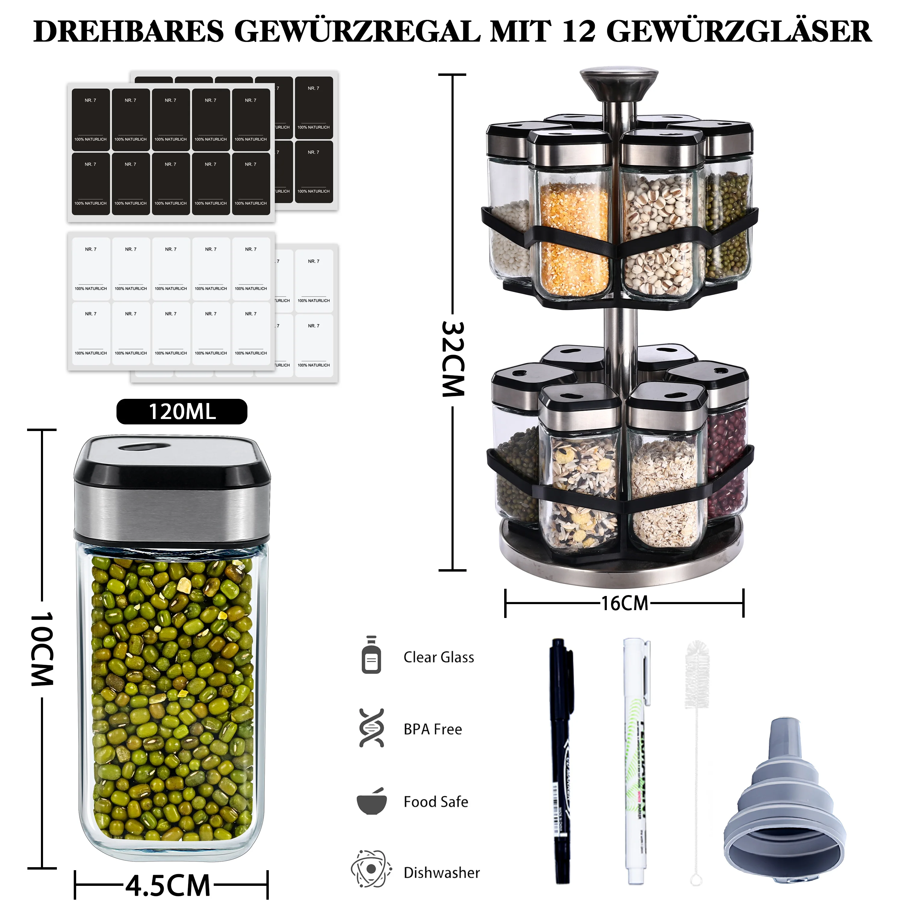 SAEIV 2-Schicht 360 ° Drehbarer Edelstahl-Gewürzständer mit 12 120 ml Gewürzgläsern mit Drehdeckeln, für Einfachen Zugriff auf Gewürze – Detail 2