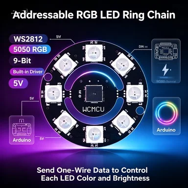 10Pcs WS2812B 9-LED Circular RGB Board, 5050 SMD NeoPixel Ring, 28mm, Chainable for Arduino/RPi