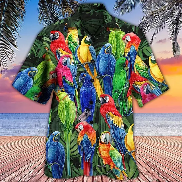 Men's Parrot Shirt 3D Print Hawaiian Aloha Shirt Fashion Camp Collar Short Sleeve Shirt Turndown Casual Outdoor Street Beach Top