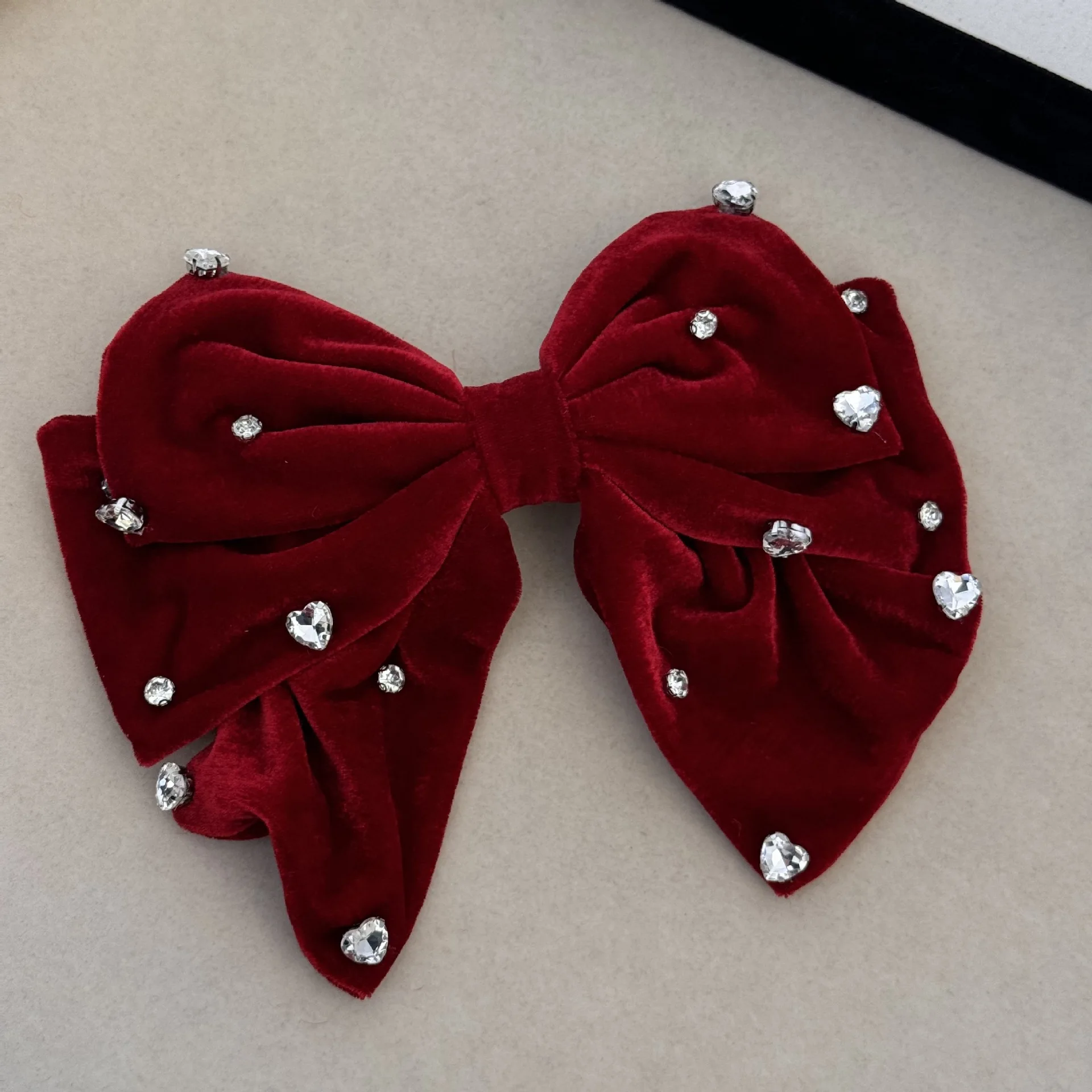 قطعة واحدة من مشبك شعر الماس المرصع بفيونكة، حجر الراين على شكل قلب، مشبك شعر مخملي أسود راقي، أغطية رأس للنساء #2