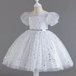 Fashion Solid Color Girls Sequin Dress Lace Mesh Short Sleeve Kids Girl Evening Gown Summer Girls Party Dresses 4-10 Years