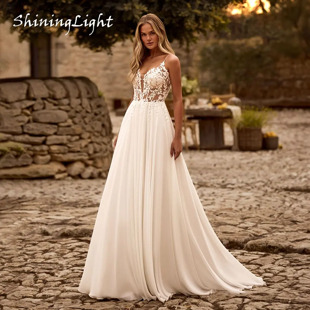 ShiningLight Backless V-Neck Wedding Dresses Applique A-Line Chiffon Spaghetti Straps Boho Beach Bride Gowns 2026 Customized