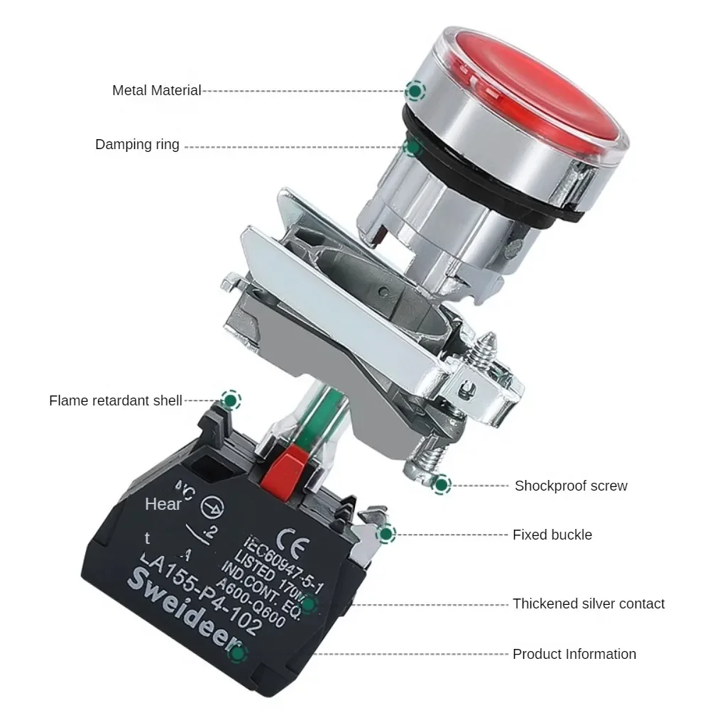 Button Switch Momentary Self Reset XB4 Flat High Head 22mm Power Push Button Switch with Light XB4-BA42 BA31 BA51 10A NC/NO Red