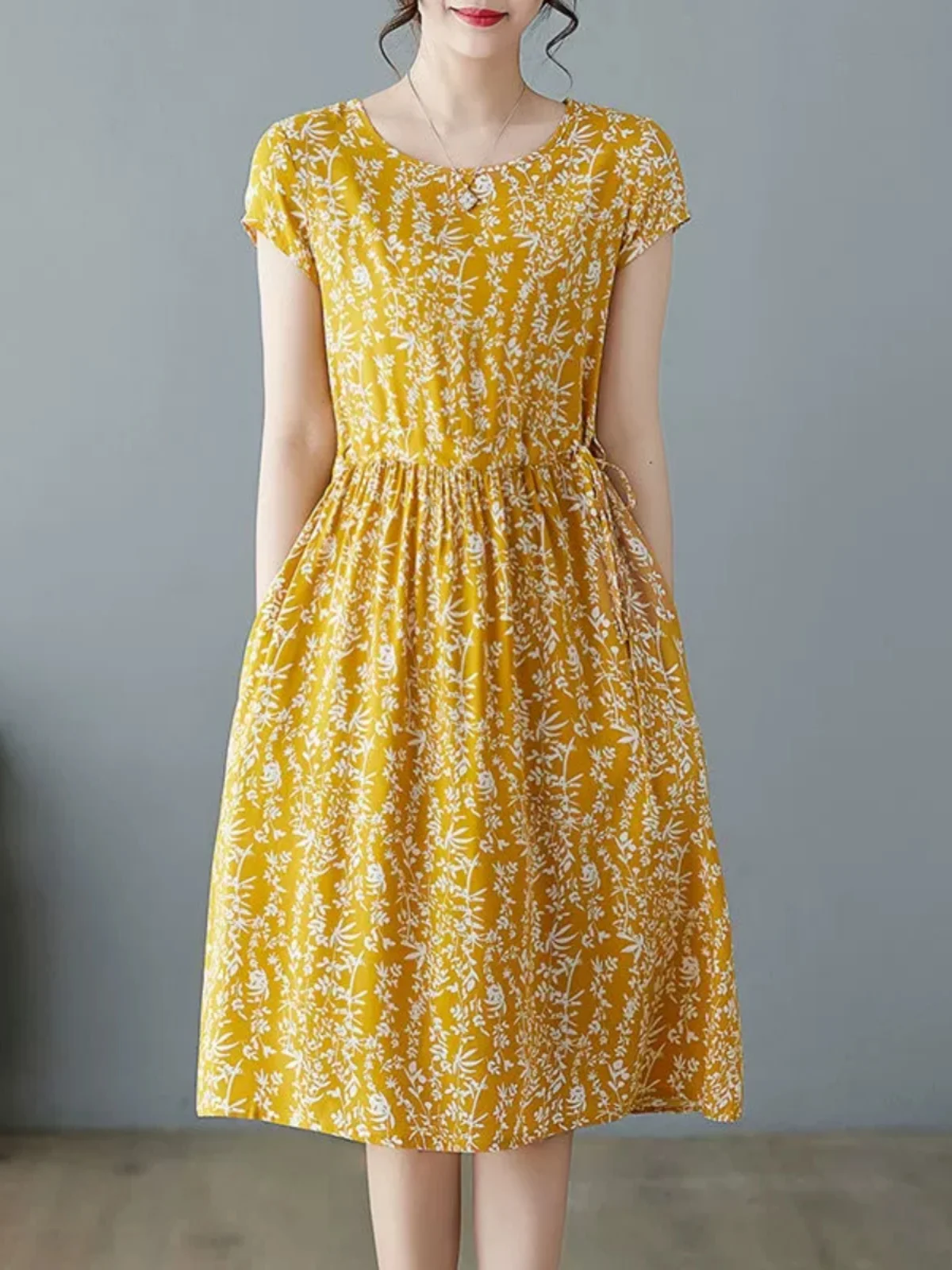 High Waist Midi Cotton Silk Dr Summer ort Sve Artificial Cotton Beach Skirt Floral Print Faionable Over-Knee Ne P...