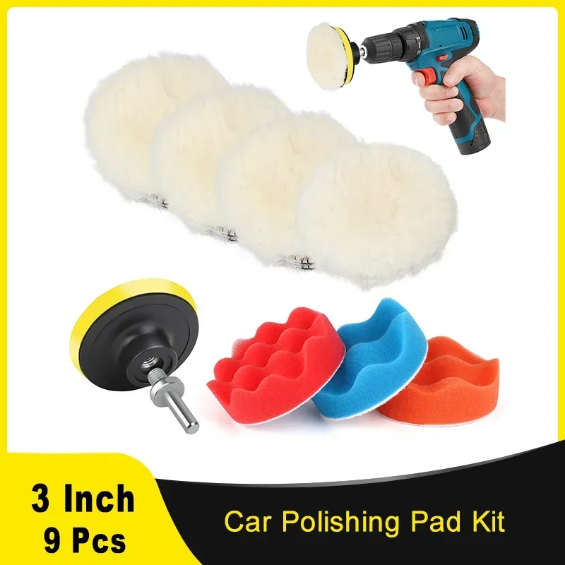 9 Pcs 3 Inch 75MM Drill Polishing Pad Kit with Wool Buffing Sponge Waxing Pads Backing Pad M10 Drill Adapter for Car Buffer