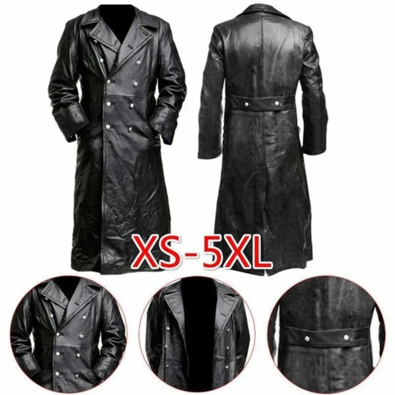 Large-sized long leather trench coat men's double-breasted overcoat 