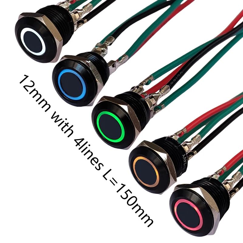 12mm Super Tiny Black Metal Button Switch Add 4Lines IP65 LED 3V-24V 50mA No Locking Switch Ring Logo For Computer Lighting Car