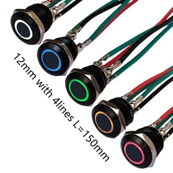 12mm Super Tiny Black Metal Button Switch Add 4Lines IP65 LED 3V-24V 50mA No Locking Switch Ring Logo For Computer Lighting Car